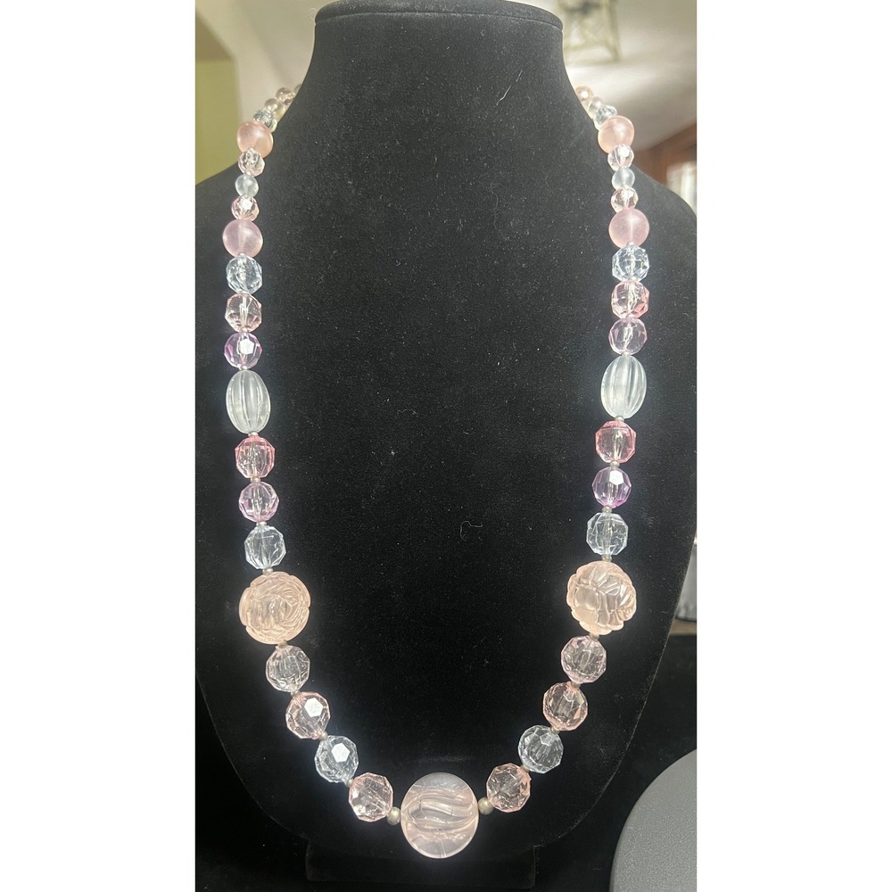 Vtg Art Deco Style Pink & Clear Carved Rose Bead Necklace 28"